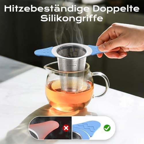Teesieb für Teekannen mit Deckel und Breiter Griff, hitzebeständiges Silikon, 304 Edelstahl, ideal für lange Teekräuter