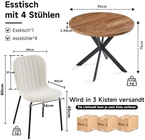 NORDICANA Grauer Esstisch Set 4er Stühle für Küche und Büro