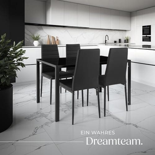 Tectake Essgruppe Set - stabil, modern, schwarz | Tisch und 4X Stuhl | Kunstleder, Sicherheitsglas | für Familie und Fre