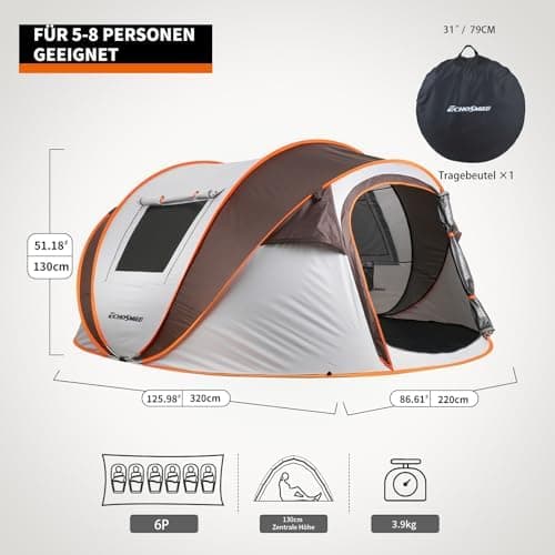 EchoSmile Pop-up-Zelt 4-8 Personen, wasserdicht mit 2 Belüftungsfenstern &.Fail-Safe-Unterstützung, Familienzelt & Outdo