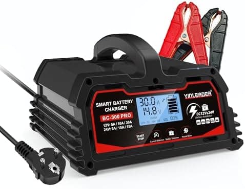 Yinleader Autobatterie Ladegerät Schwarz - Intelligente Erhaltung für 12V/24V LiFePO4 Batterien mit LCD