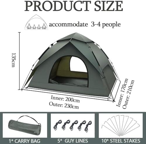 Camping Zelt 3 Personen Pop Up Zelt, Wasserdicht & Winddicht für Familien und Rucksackreisen, Automatisches Sofortzelt m