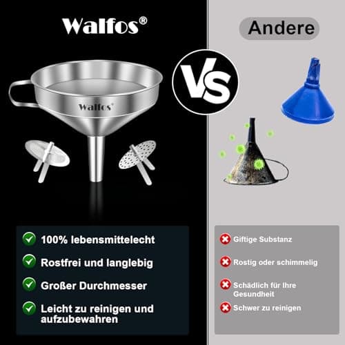 Walfos Trichter Edelstahl Groß 20cm - Perfekt für Flüssigkeiten, Marmelade und Trockene Zutaten mit 2 Abnehmbaren Sieben