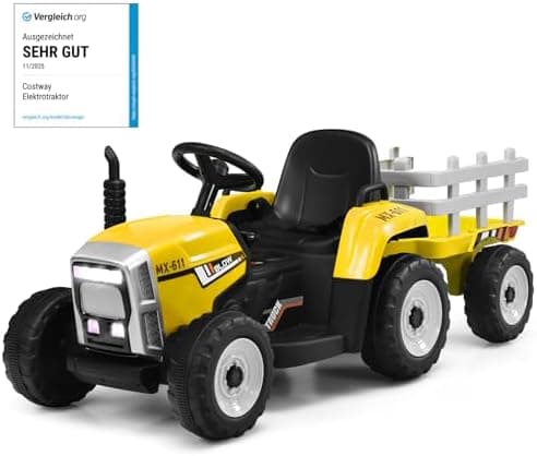 COSTWAY 12V 3-Gang Traktor mit LED Lichtern, Musik & Hupe für Kinder ab 3 Jahre - Grün