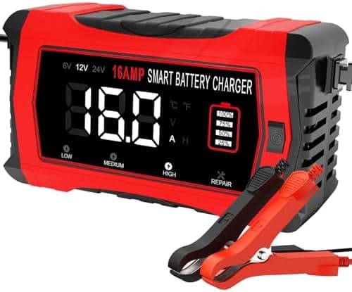HTRC 16A Autobatterieladegerät, 6V/12V/24V-Ladegerät für Autofahrer, Motorrad- und Rasenmähernutzung, Lithium und LiFePO