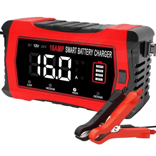 HTRC 16A Autobatterieladegerät, 6V/12V/24V-Ladegerät für Autofahrer, Motorrad- und Rasenmähernutzung, Lithium und LiFePO
