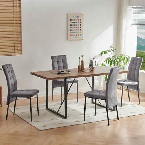 NORDICANA Grauer Esstisch Set 4er Stühle, Rechteckig MDF-Holztisch + Polsterstuhl Samtbezug, für Küche, Büro, Balkon, Re