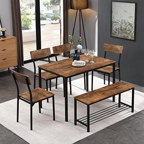 HAUSPROFI Vintagebrauner Esszimmertisch mit 6er Set Stühlen und Sitzbank, 70x110x75cm, Stahlrahmen, Küchentisch-Stil, Id