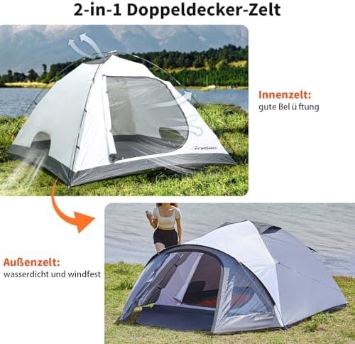 EchoSmile Wasserdicht 3-4 Personen Camping Zelt 5000mm, Ultraleicht für Jahreszeiten-Trekking und Festival-Spiele