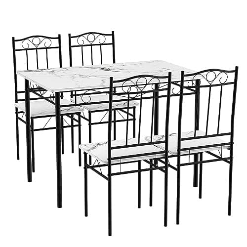 Esszimmer-Set mit Esstisch und 4 Stühlen, Buchenholzmaserung, weiße Metallbeine, perfekt für Esszimmer und Küche, präch