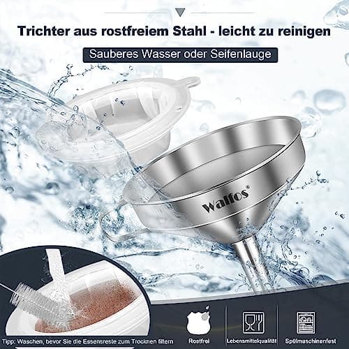Walfos Trichter Set aus Edelstahl für Küche mit 2 abnehmbaren Siebfilter für Speiseöle, Marmelade und Reinigungsbürste |