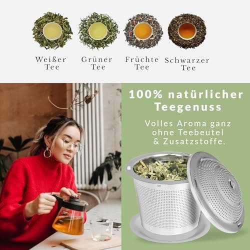 Teesieb 2er Set Edelstahl – Loser Tee & Kräuter – Abtropfschale & Kette – Wiederverwertbar, spülmaschinenfest, BPA-frei
