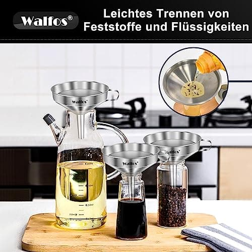 Walfos Trichter Set aus Edelstahl für Küche mit 2 abnehmbaren Siebfilter für Speiseöle, Marmelade und Reinigungsbürste |