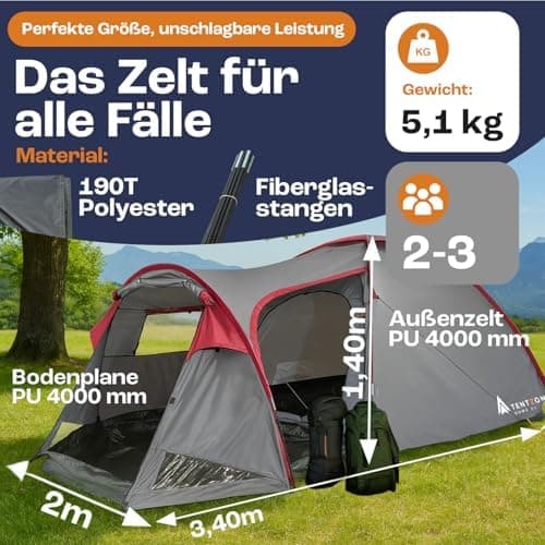 Dome01 Wasserdichtes 2-3 Personen Campingzelt 4000mm, Vorraum mit abnehmbarem Bodenplane, Belüftungsöffnungen, Grau