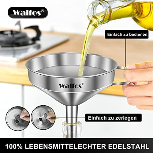 Walfos Trichter Set aus Edelstahl für Küche mit 2 abnehmbaren Siebfilter für Speiseöle, Marmelade und Reinigungsbürste |