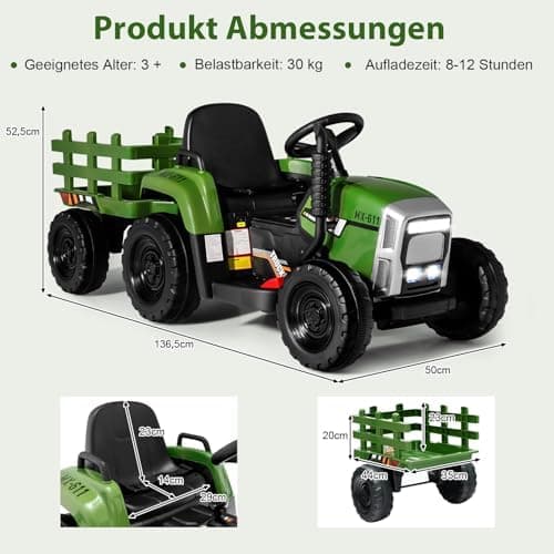 COSTWAY 12V 3-Gang Traktor mit LED Lichtern, Musik & Hupe für Kinder ab 3 Jahre - Grün