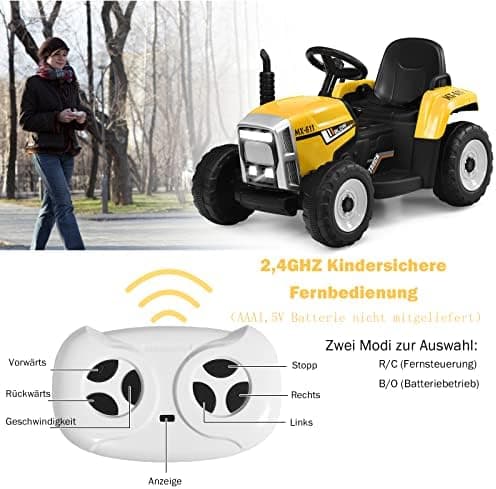 COSTWAY 12V 3-Gang Traktor mit LED Lichtern, Musik & Hupe für Kinder ab 3 Jahre - Grün