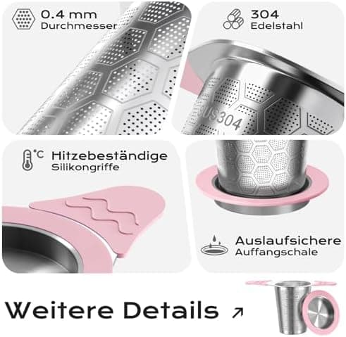 Teesieb für Teekannen mit Deckel und Breiter Griff, hitzebeständiges Silikon, 304 Edelstahl, ideal für lange Teekräuter