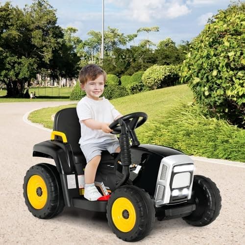 COSTWAY 12V 3-Gang Traktor mit LED Lichtern, Musik & Hupe für Kinder ab 3 Jahre - Grün