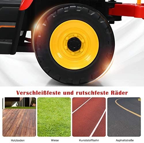 COSTWAY 12V 3-Gang Traktor mit LED Lichtern, Musik & Hupe für Kinder ab 3 Jahre - Grün