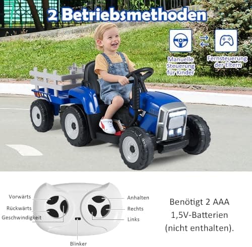 COSTWAY 12V 3-Gang Traktor mit LED Lichtern, Musik & Hupe für Kinder ab 3 Jahre - Grün