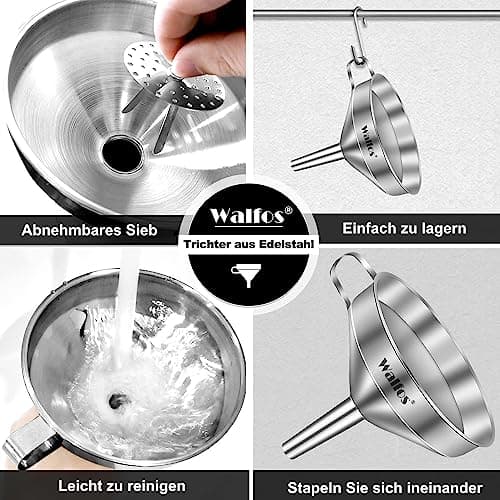 Walfos Trichter Set aus Edelstahl für Küche mit 2 abnehmbaren Siebfilter für Speiseöle, Marmelade und Reinigungsbürste |