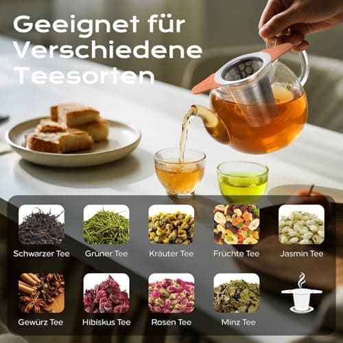 Teesieb für Teekannen mit Deckel und Breiter Griff, hitzebeständiges Silikon, 304 Edelstahl, ideal für lange Teekräuter