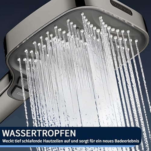 Duschbrause Duschkopf – Wassersparender Duschkopf mit 8 Strahlarten und Stoppfunktion, groß, Silber Chrom