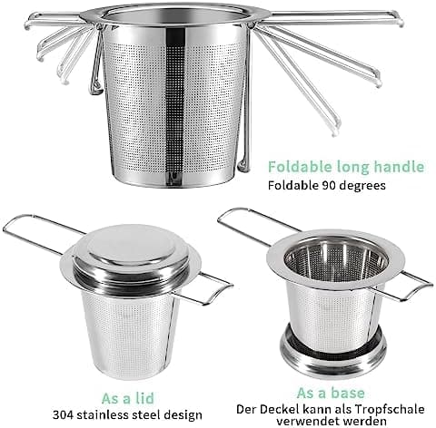 **Zwei Stück Edelstahl Teeiebe für Feinmaschige Tieffuttertassen - Spülmaschinengeeignet und mit Deckel und faltbaren H