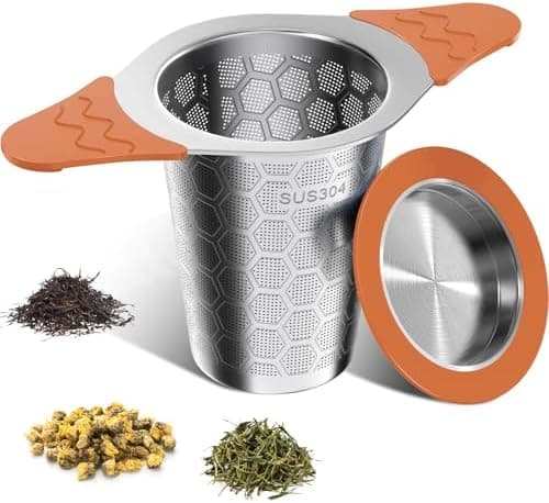 Teesieb für Teekannen mit Deckel und Breiter Griff, hitzebeständiges Silikon, 304 Edelstahl, ideal für lange Teekräuter