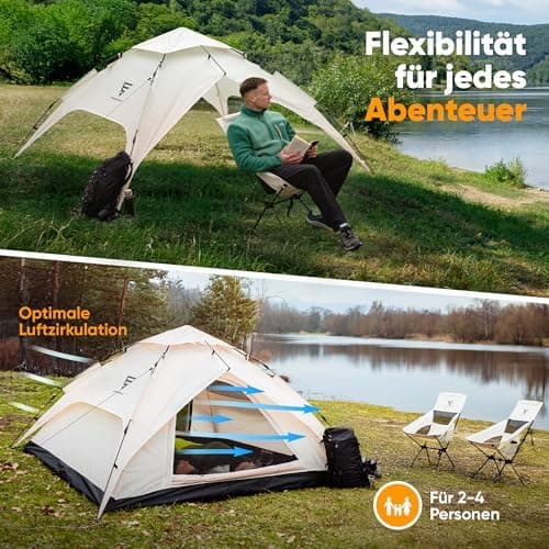 XXL Quicktent - Wasserdicht, Blitzschnell Aufgebaut & Windstabil - Campingzelt für 2-4 Personen - Top-Belüftung & Extra