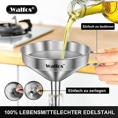 Walfos Trichter Set aus Edelstahl für Küche mit 2 abnehmbaren Siebfilter für Speiseöle, Marmelade und Reinigungsbürste |