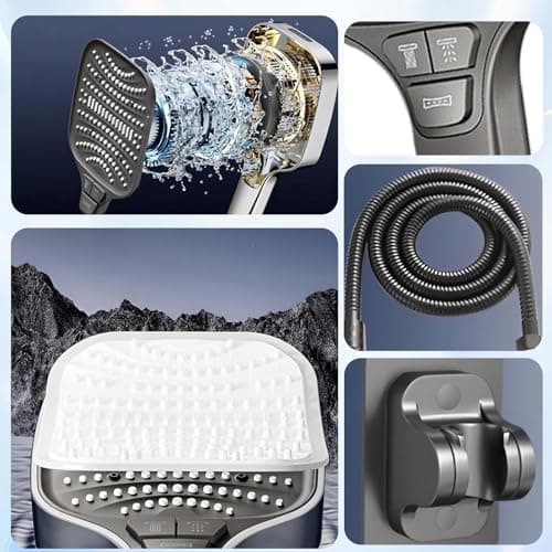 Duschbrause Duschkopf – Wassersparender Duschkopf mit 8 Strahlarten und Stoppfunktion, groß, Silber Chrom