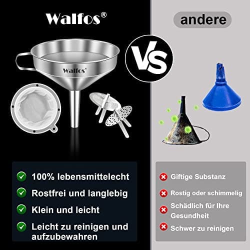 Walfos Trichter Set aus Edelstahl für Küche mit 2 abnehmbaren Siebfilter für Speiseöle, Marmelade und Reinigungsbürste |