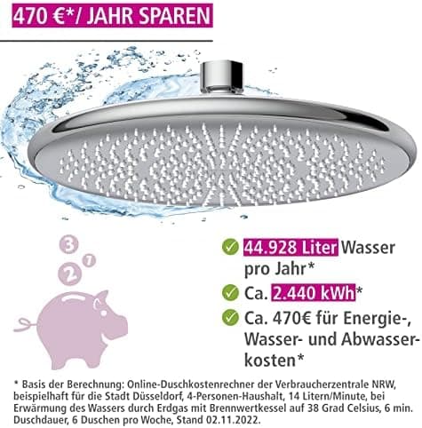 Wenko Wasserspar Regenduschkopf - Wassersparende Kopfbrause mit ABS,chromfarbener Rand, Ø 22,5 cm - Wasserspar-System