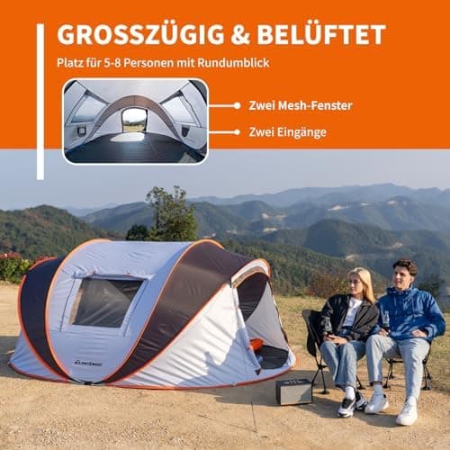 EchoSmile Pop-up-Zelt 4-8 Personen, wasserdicht mit 2 Belüftungsfenstern &.Fail-Safe-Unterstützung, Familienzelt & Outdo