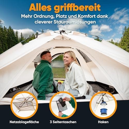 XXL Quicktent - Wasserdicht, Blitzschnell Aufgebaut & Windstabil - Campingzelt für 2-4 Personen - Top-Belüftung & Extra