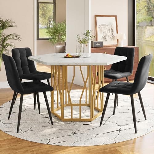 HAUSPROFI Küchen Esstisch Set für Küche Esszimmer Wohnzimmer - 5-teiliges Sechseckiges Esstisch Set mit 4 Stühlen (Grau