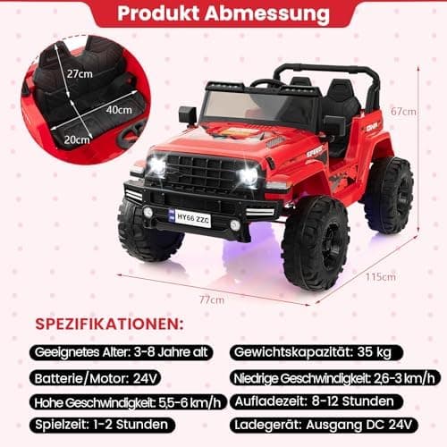 COSTWAY 24V Kinder Elektroauto für 3- bis 8-Jährige mit 2,4G-Fernbedienung und Musik (Rot)  
COSTWAY 24V Kinder Elektroa