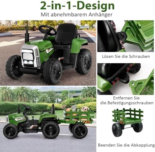 COSTWAY 12V 3-Gang Traktor mit LED Lichtern, Musik & Hupe für Kinder ab 3 Jahre - Grün