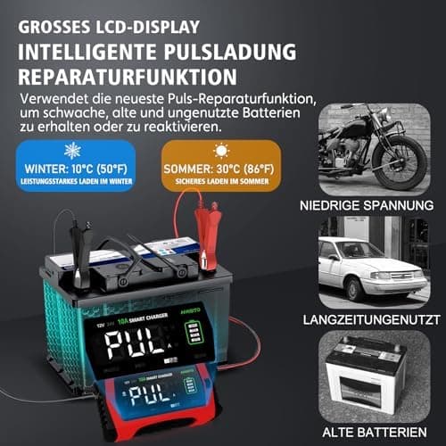 Haisito 12V/24V 10A LiFePO4 ErhaltungsladegerätAuto mit LCD-Temperaturkompensation