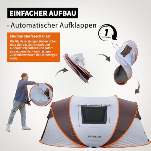 EchoSmile Pop-up-Zelt 4-8 Personen, wasserdicht mit 2 Belüftungsfenstern &.Fail-Safe-Unterstützung, Familienzelt & Outdo