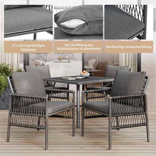 HAUSPROFI Gartenmöbel Set 5-TLG - 83x83cm Esstisch mit Sitzkissen für Aufderterrasse und im Garten