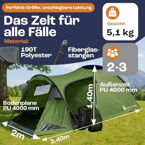 Dome01 Wasserdichtes 2-3 Personen Campingzelt 4000mm, Vorraum mit abnehmbarem Bodenplane, Belüftungsöffnungen, Grau