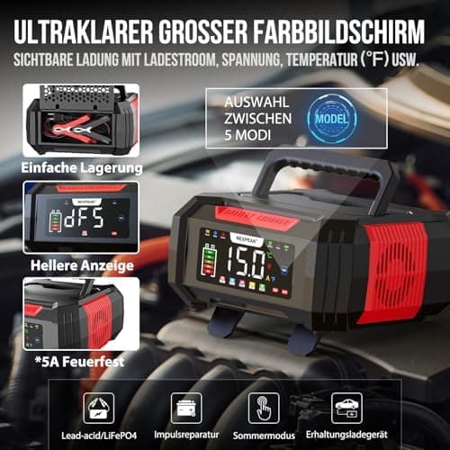NEXPEAK NC315 15A Autobatterieladegerät - intelligentes Ladegerät für Auto, LKW, Motorrad - 12V/24V LiFePO4 & Blei-Säure