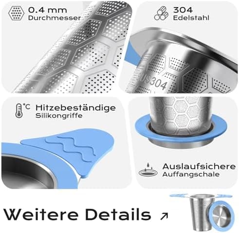 Teesieb für Teekannen mit Deckel und Breiter Griff, hitzebeständiges Silikon, 304 Edelstahl, ideal für lange Teekräuter