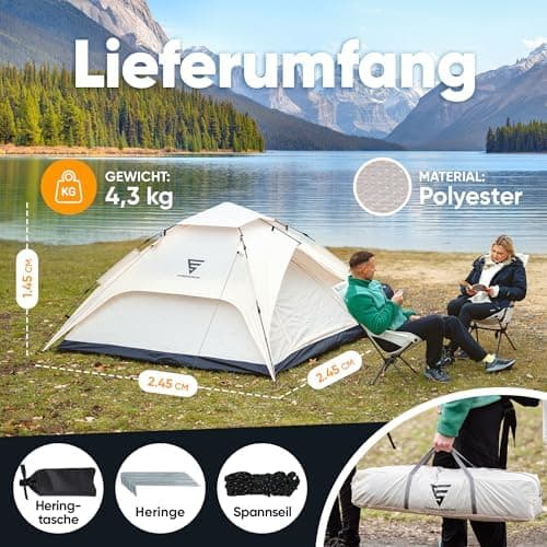 XXL Quicktent - Wasserdicht, Blitzschnell Aufgebaut & Windstabil - Campingzelt für 2-4 Personen - Top-Belüftung & Extra