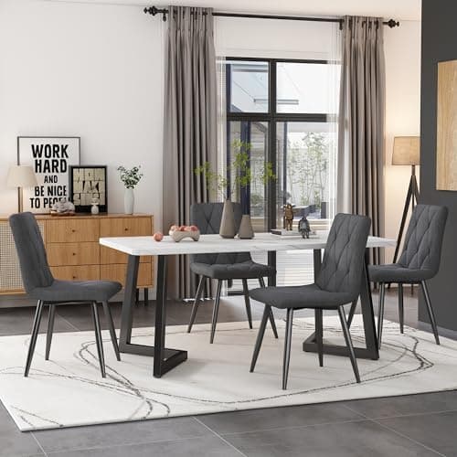 Modern Küchentisch Set Essgruppe 117x68cm Rechteckig 4 Stühle Dunkelgrau Twill Leinentuch(Schwarze Tischbeine)