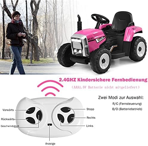 COSTWAY 12V 3-Gang Traktor mit LED Lichtern, Musik & Hupe für Kinder ab 3 Jahre - Grün