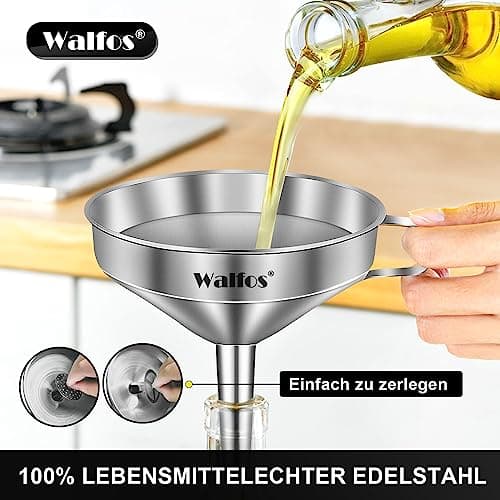 Walfos Trichter Set aus Edelstahl für Küche mit 2 abnehmbaren Siebfilter für Speiseöle, Marmelade und Reinigungsbürste |